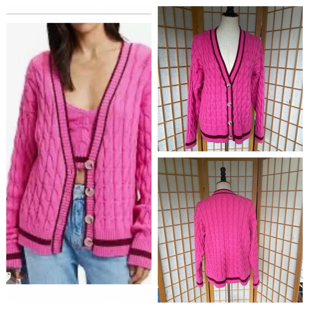 Good American Sorority Pink Cable Knit Collegiate Button Down Sweater SZ 2XL
